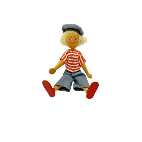 Polish Wooden Peg Doll Vintage 1940-1950’s Sailor Theme 7” tall - Picture 5 of 8